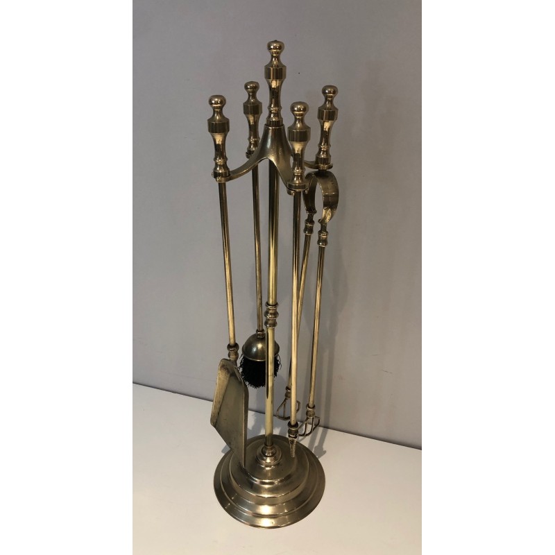 Neoclassical Brass Fireplace Tool Set, French Work, Circa 1970