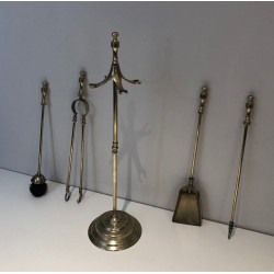 Nécessaire de Feu en Laiton de Style Néoclassique, Travail Français, Vers 1970