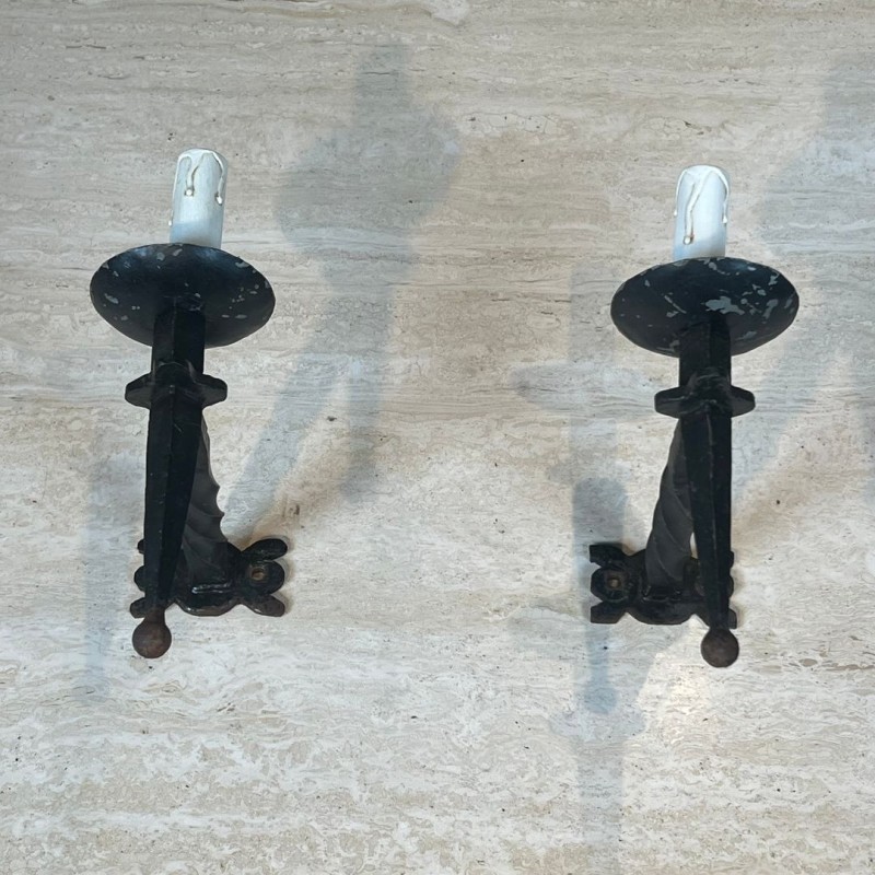 Pair of Gothic Style Wrought Iron Wall Lights