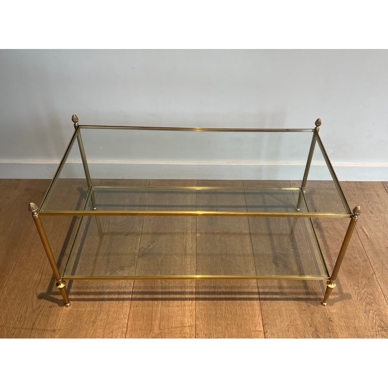 Neoclassical Bronze and Brass Coffee Table with Glass Shelves, Maison Baguès, Circa 1940