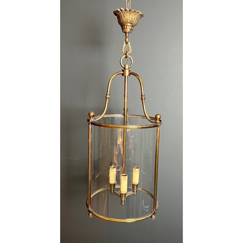 Importante Lanterne Ronde Suspendue de Style Néoclassique en Laiton et Verre, Travail Français, Vers 1970