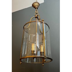 Large Neoclassical Round Brass and Glass Hanging Lantern, French Work, Circa 1970
