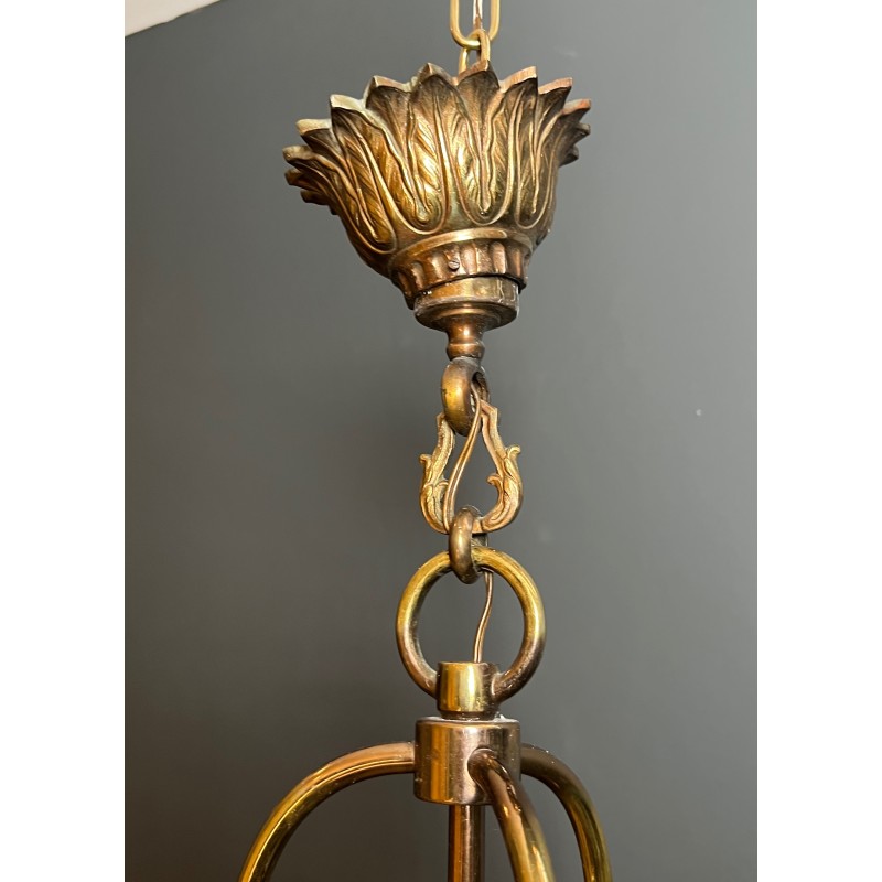 Large Neoclassical Round Brass and Glass Hanging Lantern, French Work, Circa 1970