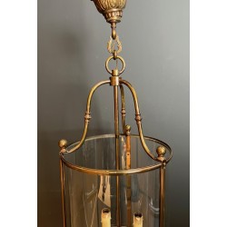 Large Neoclassical Round Brass and Glass Hanging Lantern, French Work, Circa 1970