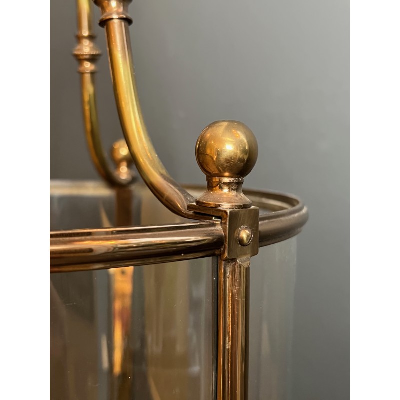 Large Neoclassical Round Brass and Glass Hanging Lantern, French Work, Circa 1970