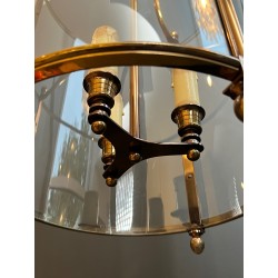 Large Neoclassical Round Brass and Glass Hanging Lantern, French Work, Circa 1970