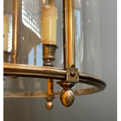 Large Neoclassical Round Brass and Glass Hanging Lantern, French Work, Circa 1970