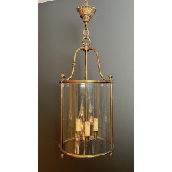 Large Neoclassical Round Brass and Glass Hanging Lantern, French Work, Circa 1970