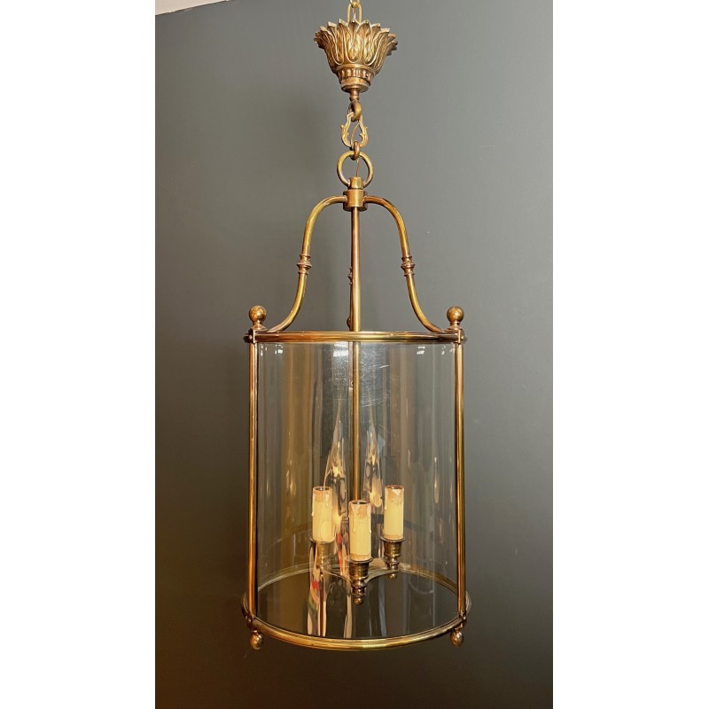 Importante Lanterne Ronde Suspendue de Style Néoclassique en Laiton et Verre, Travail Français, Vers 1970