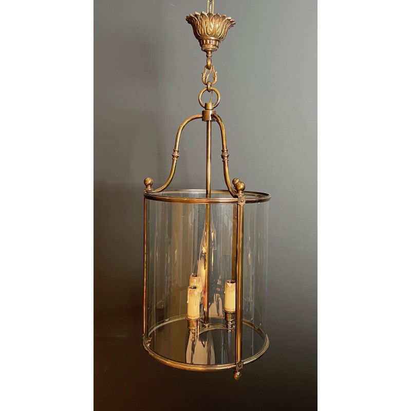 Importante Lanterne Ronde Suspendue de Style Néoclassique en Laiton et Verre, Travail Français, Vers 1970
