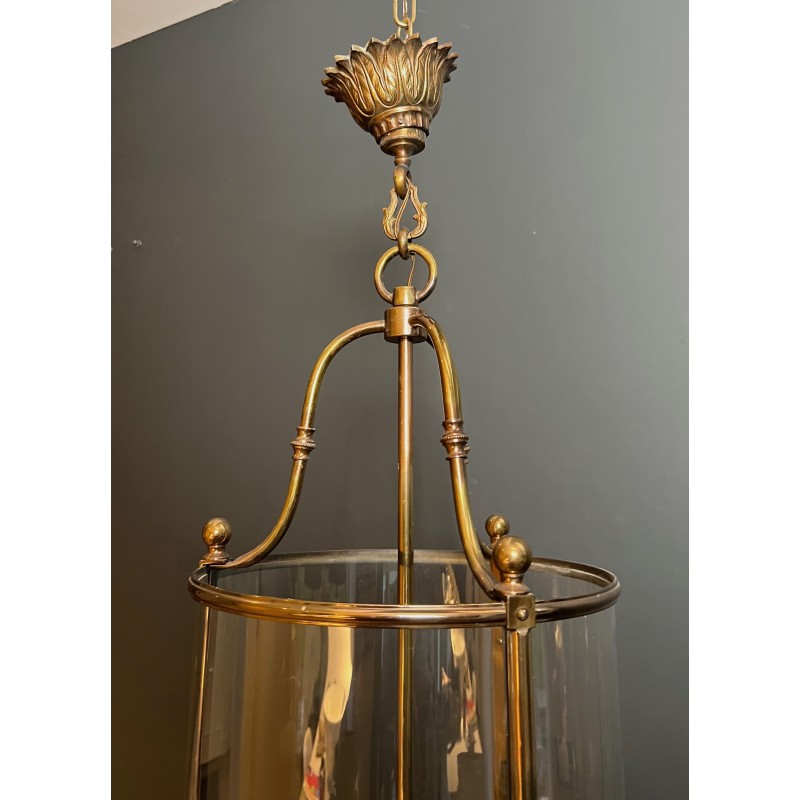 Large Neoclassical Round Brass and Glass Hanging Lantern, French Work, Circa 1970