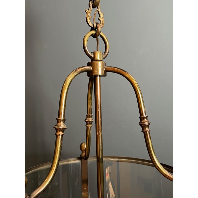 Importante Lanterne Ronde Suspendue de Style Néoclassique en Laiton et Verre, Travail Français, Vers 1970