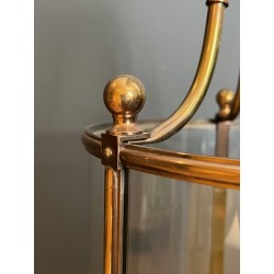 Large Neoclassical Round Brass and Glass Hanging Lantern, French Work, Circa 1970