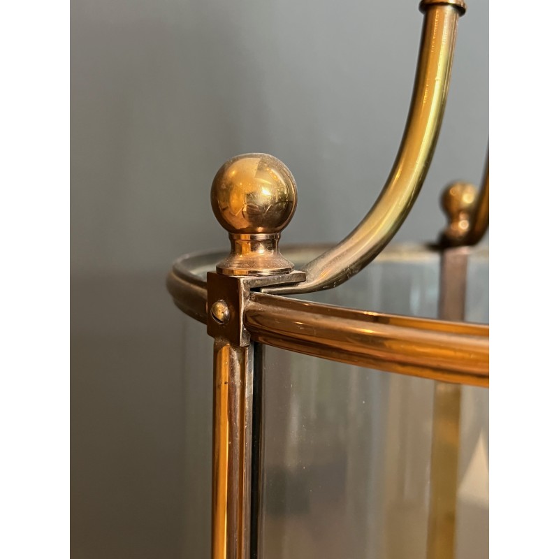 Large Neoclassical Round Brass and Glass Hanging Lantern, French Work, Circa 1970