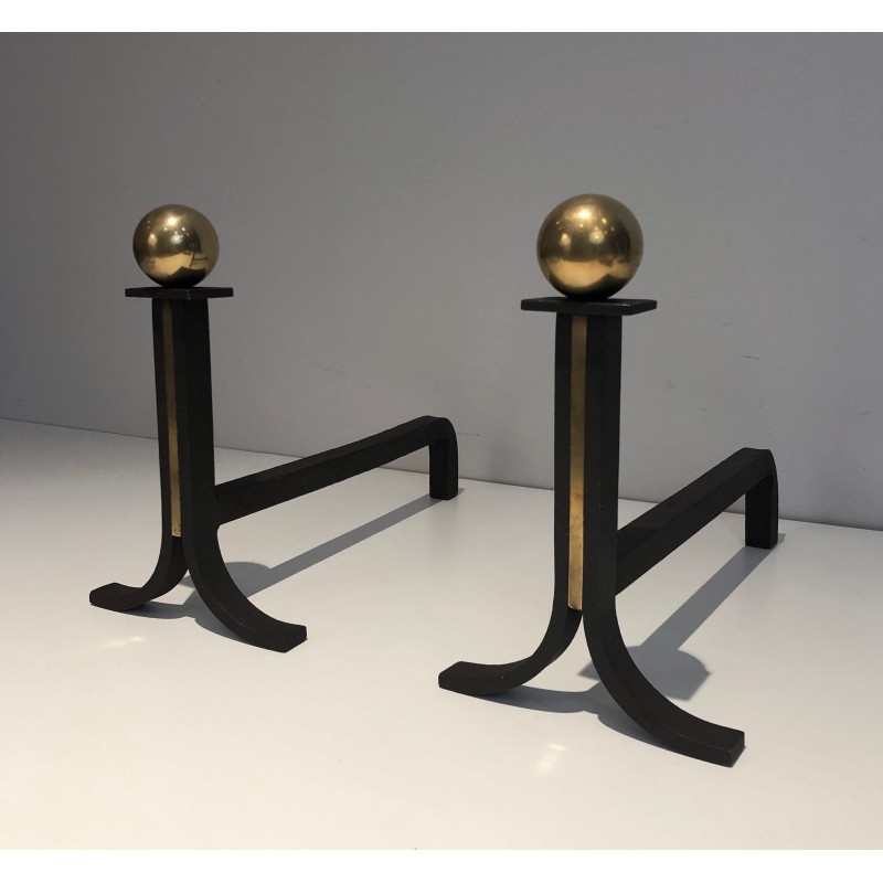 Pair of Modernist Steel, Wrought Iron and Brass Andirons, in the Manner of Jacques Adnet, Circa 1940