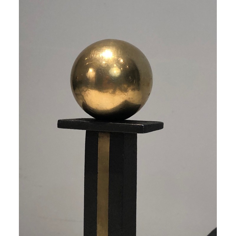 Pair of Modernist Steel, Wrought Iron and Brass Andirons, in the Manner of Jacques Adnet, Circa 1940