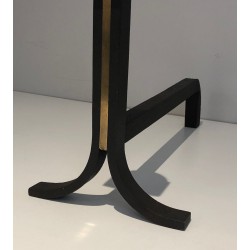 Pair of Modernist Steel, Wrought Iron and Brass Andirons, in the Manner of Jacques Adnet, Circa 1940