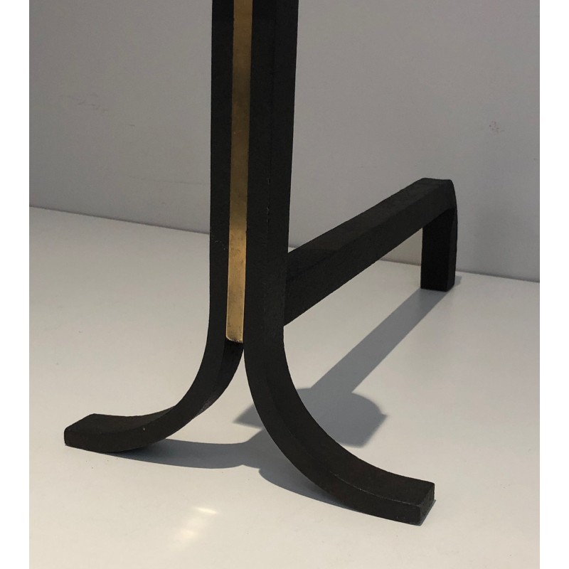 Pair of Modernist Steel, Wrought Iron and Brass Andirons, in the Manner of Jacques Adnet, Circa 1940