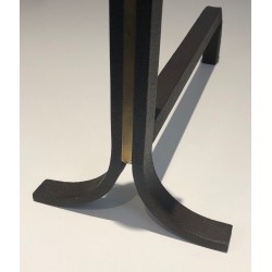Pair of Modernist Steel, Wrought Iron and Brass Andirons, in the Manner of Jacques Adnet, Circa 1940