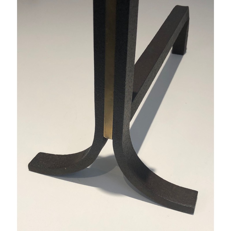 Paire de Chenets Modernistes en Acier, Fer Forgé et Laiton, dans le Goût de Jacques Adnet, Vers 1940