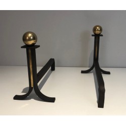 Pair of Modernist Steel, Wrought Iron and Brass Andirons, in the Manner of Jacques Adnet, Circa 1940