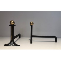 Pair of Modernist Steel, Wrought Iron and Brass Andirons, in the Manner of Jacques Adnet, Circa 1940