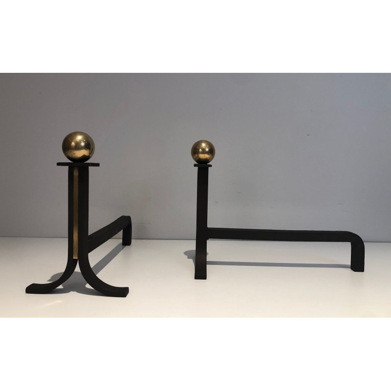 Pair of Modernist Steel, Wrought Iron and Brass Andirons, in the Manner of Jacques Adnet, Circa 1940