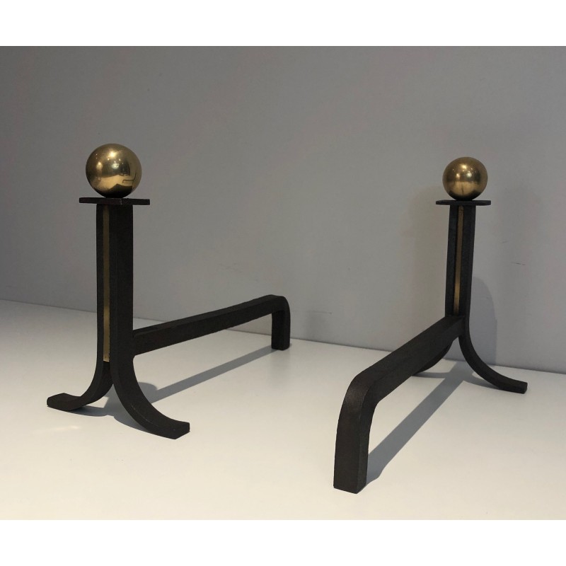 Pair of Modernist Steel, Wrought Iron and Brass Andirons, in the Manner of Jacques Adnet, Circa 1940