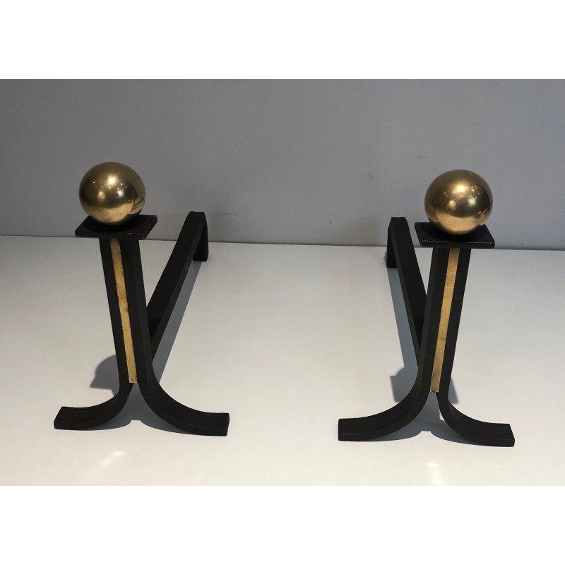 Paire de Chenets Modernistes en Acier, Fer Forgé et Laiton, dans le Goût de Jacques Adnet, Vers 1940