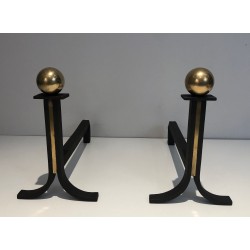 Pair of Modernist Steel, Wrought Iron and Brass Andirons, in the Manner of Jacques Adnet, Circa 1940