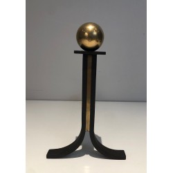 Paire de Chenets Modernistes en Acier, Fer Forgé et Laiton, dans le Goût de Jacques Adnet, Vers 1940