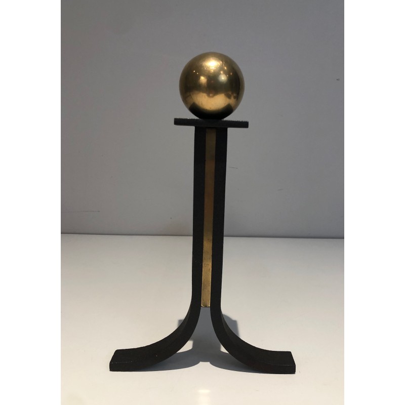 Pair of Modernist Steel, Wrought Iron and Brass Andirons, in the Manner of Jacques Adnet, Circa 1940