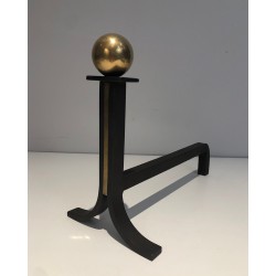 Pair of Modernist Steel, Wrought Iron and Brass Andirons, in the Manner of Jacques Adnet, Circa 1940
