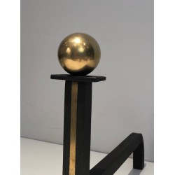 Paire de Chenets Modernistes en Acier, Fer Forgé et Laiton, dans le Goût de Jacques Adnet, Vers 1940