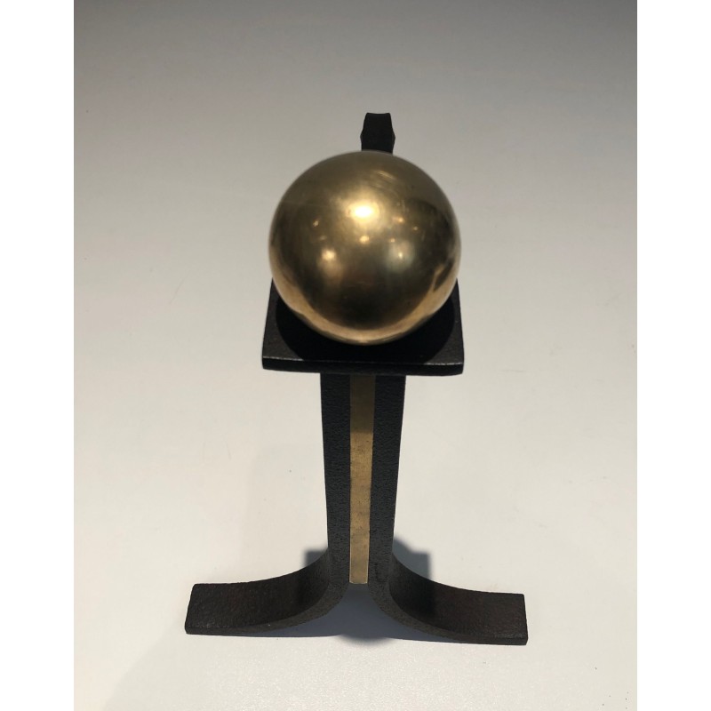 Pair of Modernist Steel, Wrought Iron and Brass Andirons, in the Manner of Jacques Adnet, Circa 1940