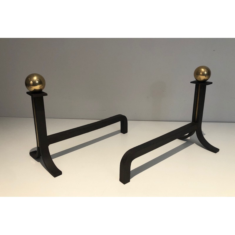 Pair of Modernist Steel, Wrought Iron and Brass Andirons, in the Manner of Jacques Adnet, Circa 1940