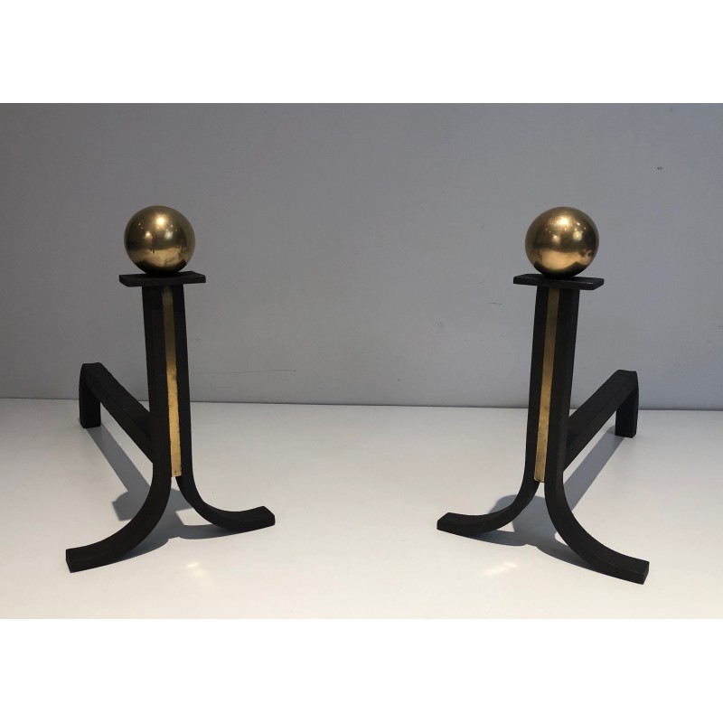 Pair of Modernist Steel, Wrought Iron and Brass Andirons, in the Manner of Jacques Adnet, Circa 1940