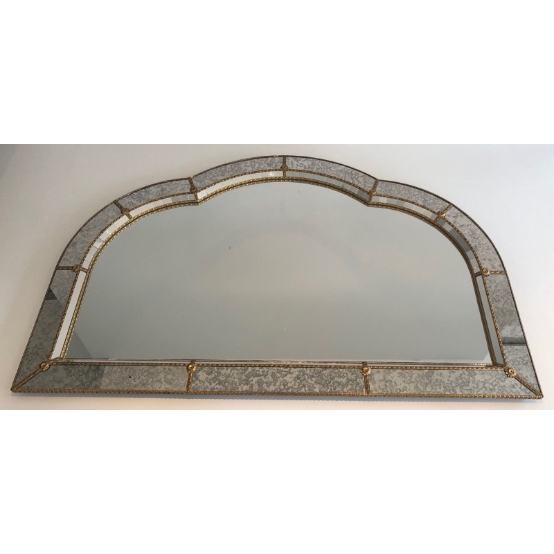 Grand Miroir Multi-Facettes à Guirlandes de Laiton, Travail Français, Vers 1970