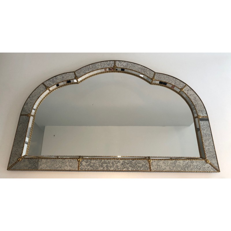 Grand Miroir Multi-Facettes à Guirlandes de Laiton, Travail Français, Vers 1970