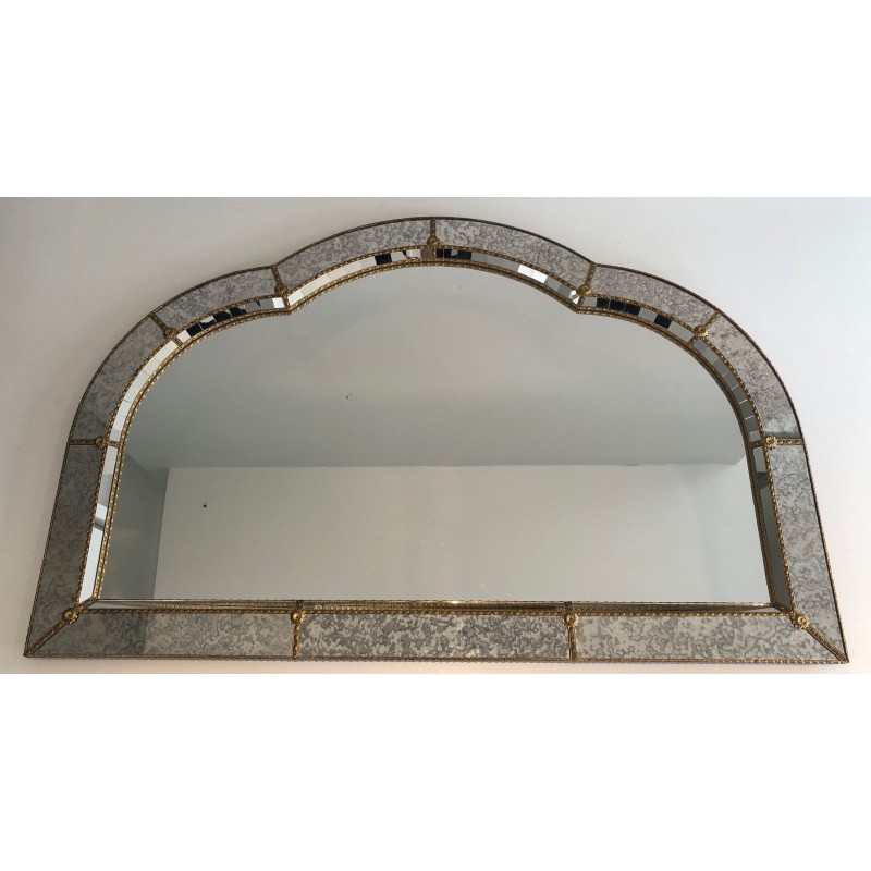 Large Multi-Faceted Mirror with Brass Garland Decoration, French Work, Circa 1970