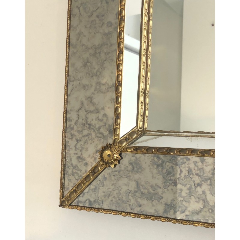 Grand Miroir Multi-Facettes à Guirlandes de Laiton, Travail Français, Vers 1970