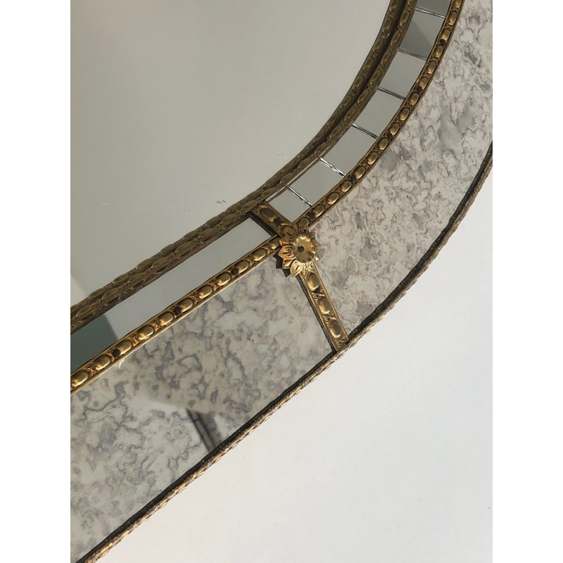 Large Multi-Faceted Mirror with Brass Garland Decoration, French Work, Circa 1970