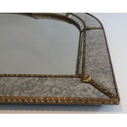 Large Multi-Faceted Mirror with Brass Garland Decoration, French Work, Circa 1970