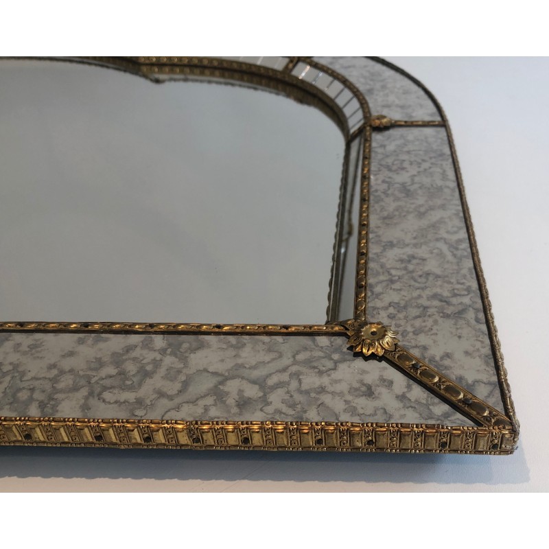 Large Multi-Faceted Mirror with Brass Garland Decoration, French Work, Circa 1970