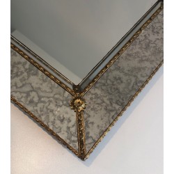 Grand Miroir Multi-Facettes à Guirlandes de Laiton, Travail Français, Vers 1970