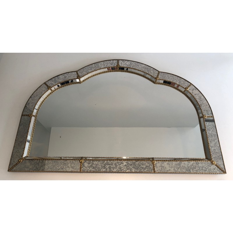 Large Multi-Faceted Mirror with Brass Garland Decoration, French Work, Circa 1970