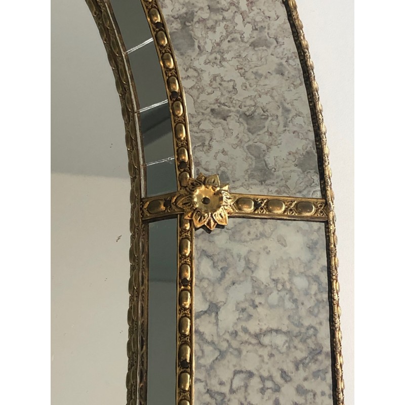 Large Multi-Faceted Mirror with Brass Garland Decoration, French Work, Circa 1970