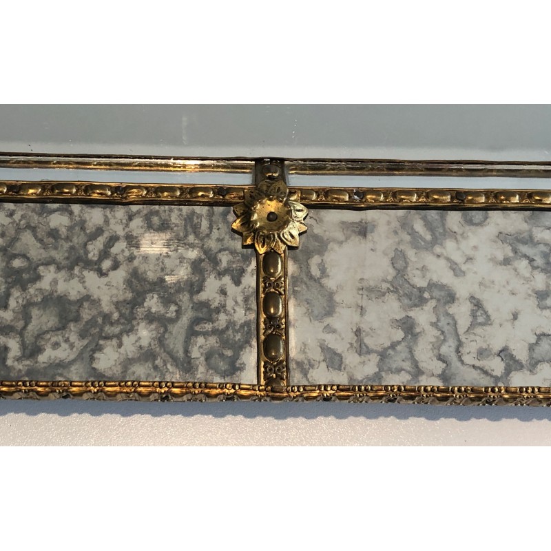 Large Multi-Faceted Mirror with Brass Garland Decoration, French Work, Circa 1970