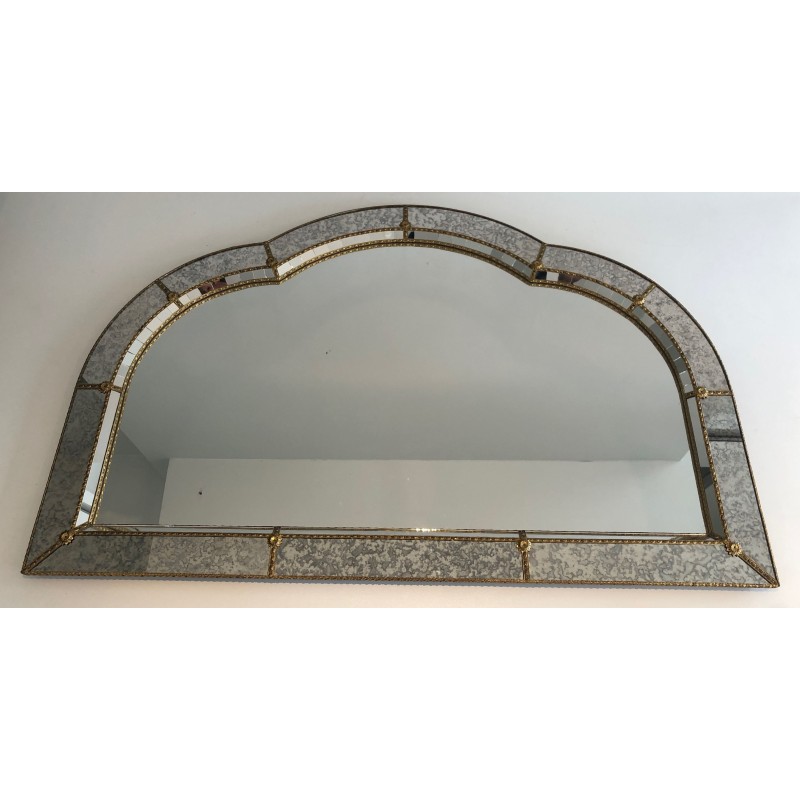 Large Multi-Faceted Mirror with Brass Garland Decoration, French Work, Circa 1970
