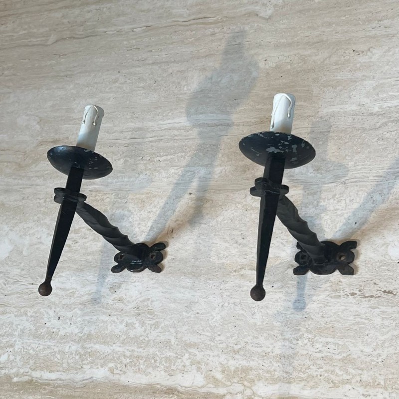 Pair of Gothic Style Wrought Iron Wall Lights